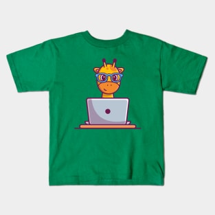 Cute Giraffe Operating Laptop Cartoon Kids T-Shirt